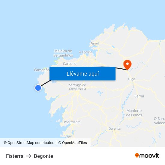 Fisterra to Begonte map