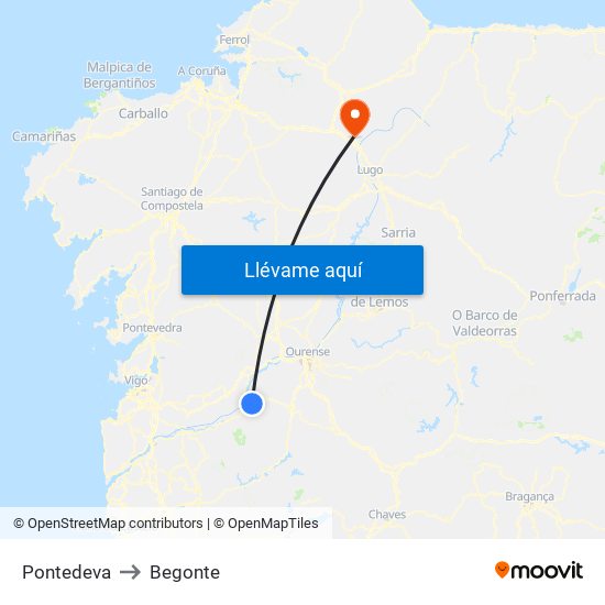 Pontedeva to Begonte map
