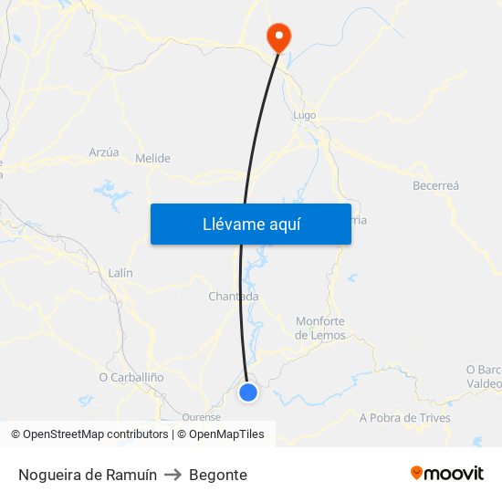 Nogueira de Ramuín to Begonte map