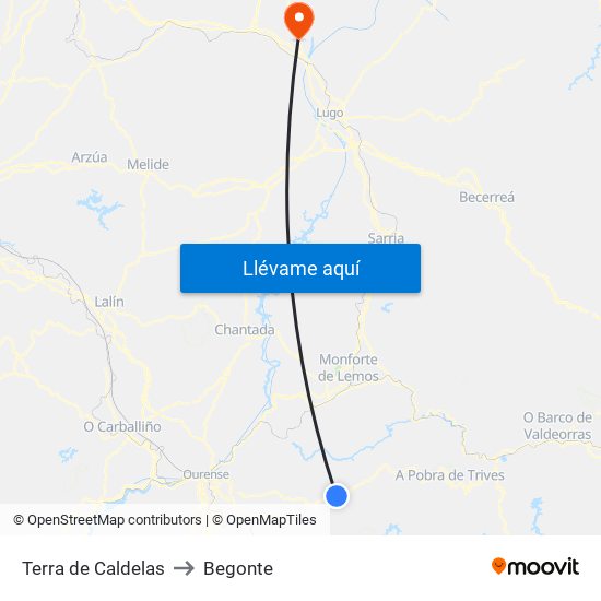 Terra de Caldelas to Begonte map