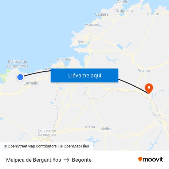 Malpica de Bergantiños to Begonte map