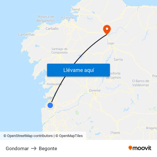 Gondomar to Begonte map
