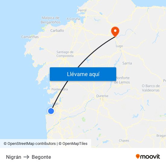 Nigrán to Begonte map