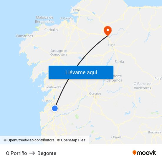 O Porriño to Begonte map