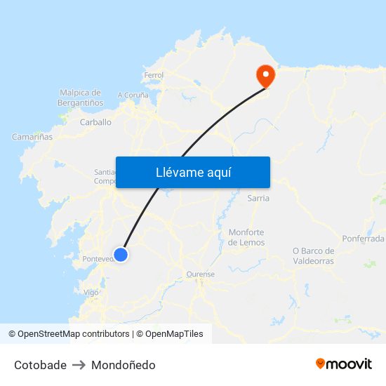 Cotobade to Mondoñedo map