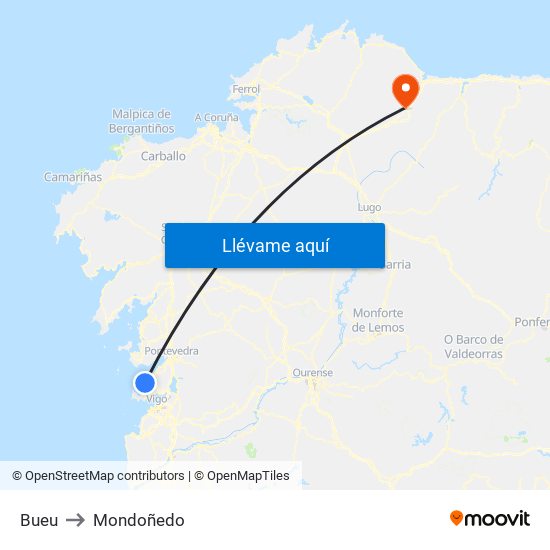 Bueu to Mondoñedo map
