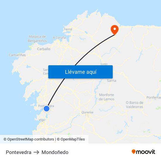 Pontevedra to Mondoñedo map