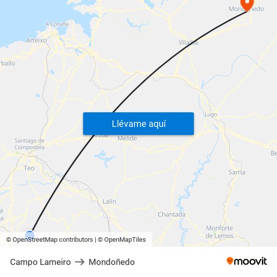 Campo Lameiro to Mondoñedo map
