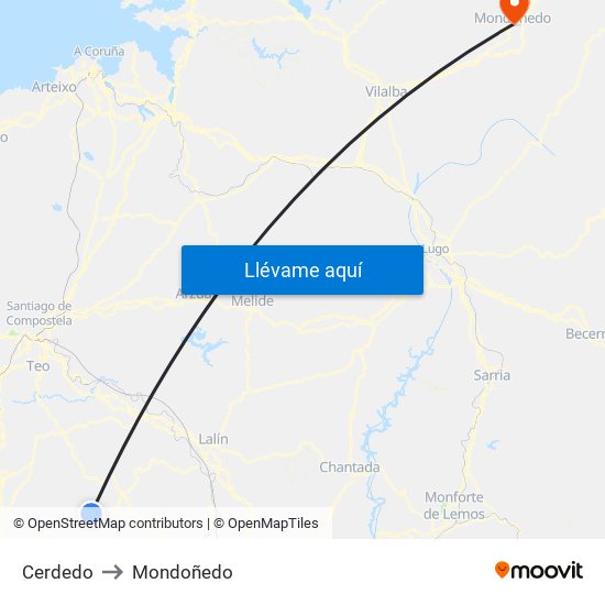 Cerdedo to Mondoñedo map
