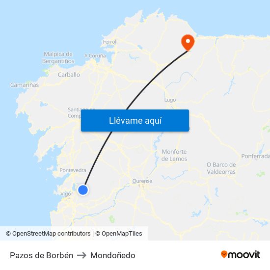 Pazos de Borbén to Mondoñedo map