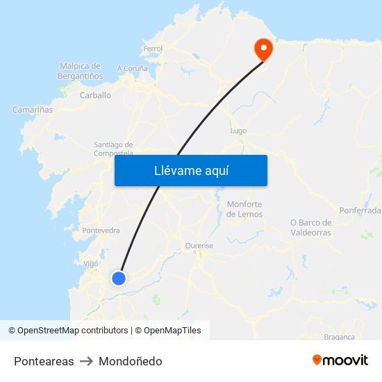 Ponteareas to Mondoñedo map