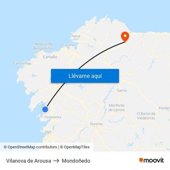 Vilanova de Arousa to Mondoñedo map
