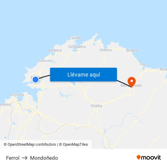 Ferrol to Mondoñedo map