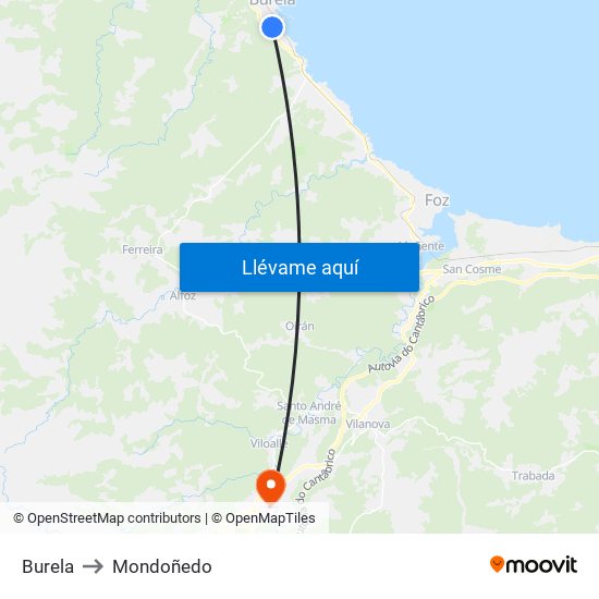 Burela to Mondoñedo map