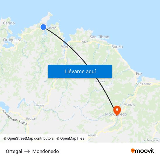 Ortegal to Mondoñedo map