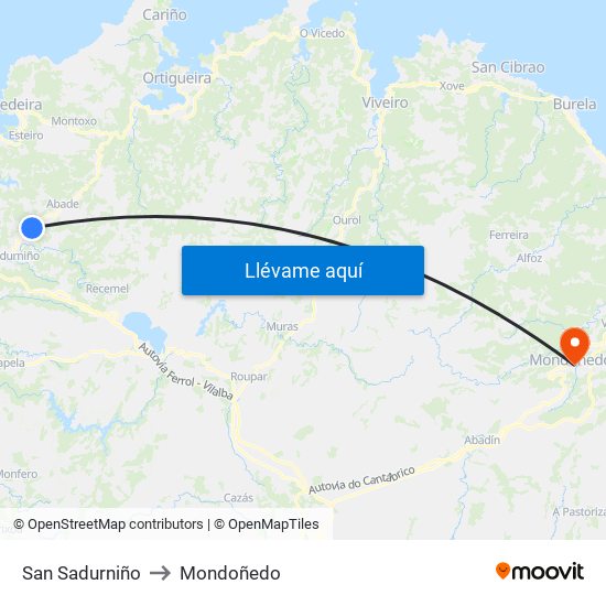 San Sadurniño to Mondoñedo map