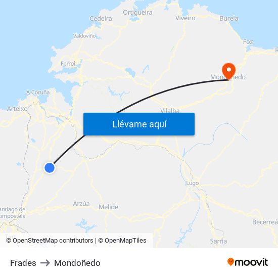 Frades to Mondoñedo map