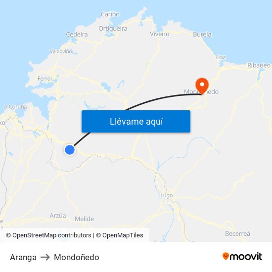 Aranga to Mondoñedo map