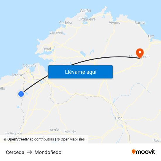 Cerceda to Mondoñedo map