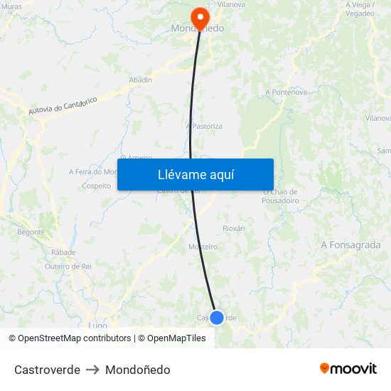 Castroverde to Mondoñedo map