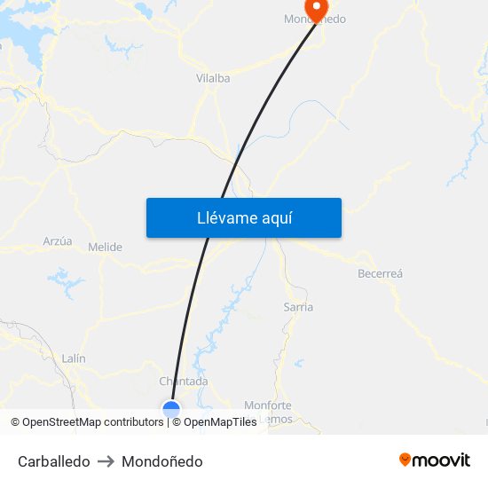Carballedo to Mondoñedo map