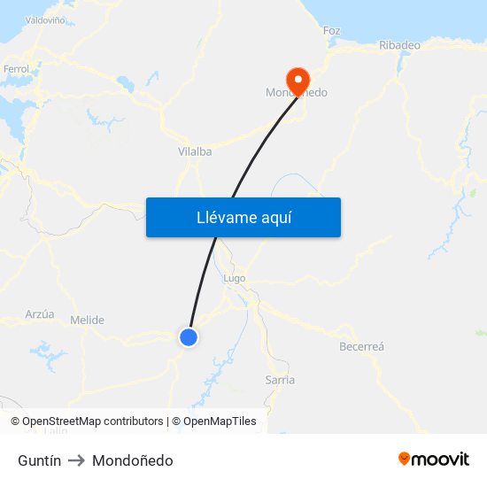 Guntín to Mondoñedo map