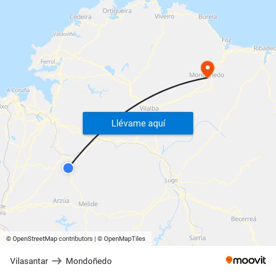 Vilasantar to Mondoñedo map