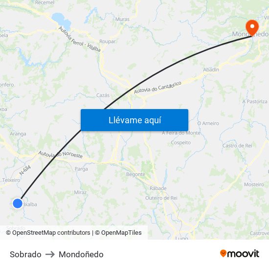 Sobrado to Mondoñedo map
