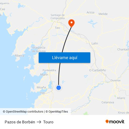 Pazos de Borbén to Touro map