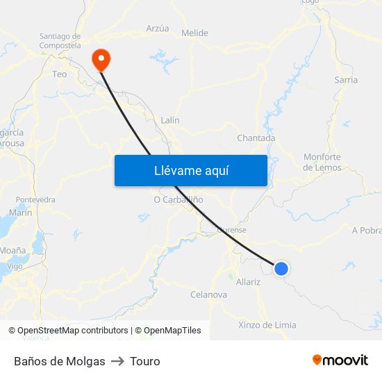 Baños de Molgas to Touro map