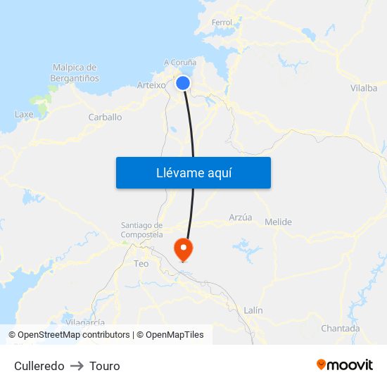 Culleredo to Touro map