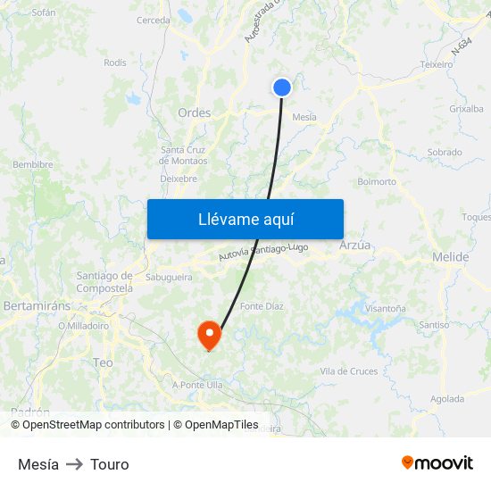 Mesía to Touro map