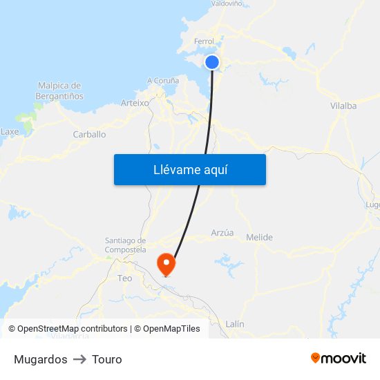 Mugardos to Touro map