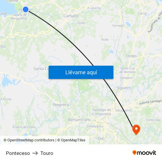 Ponteceso to Touro map