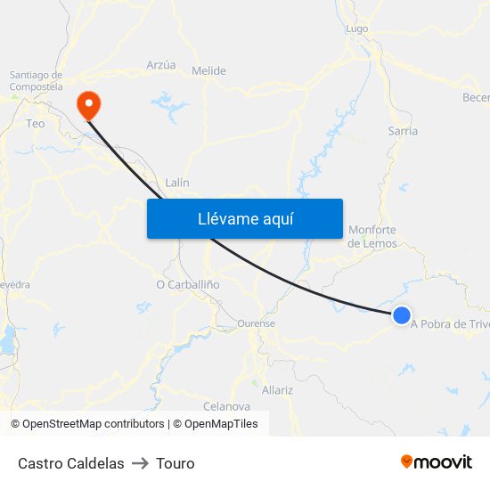 Castro Caldelas to Touro map