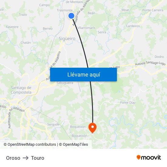 Oroso to Touro map