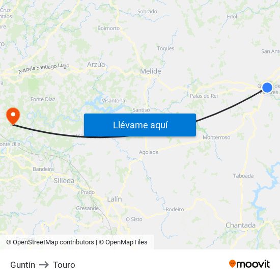 Guntín to Touro map