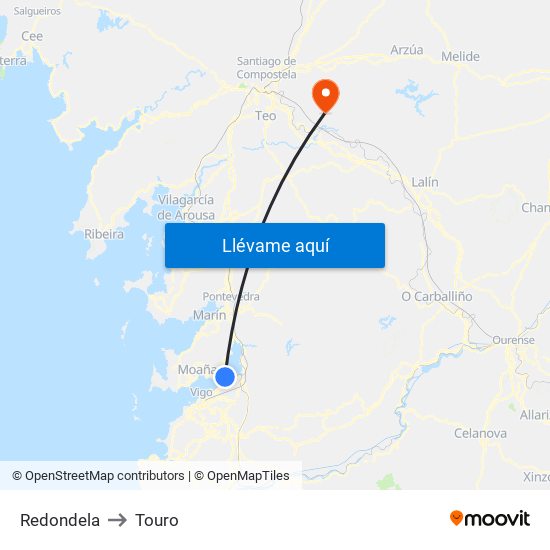 Redondela to Touro map
