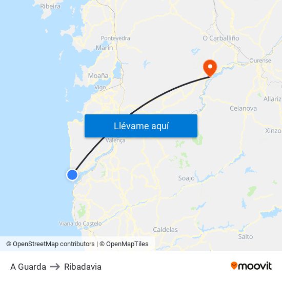 A Guarda to Ribadavia map