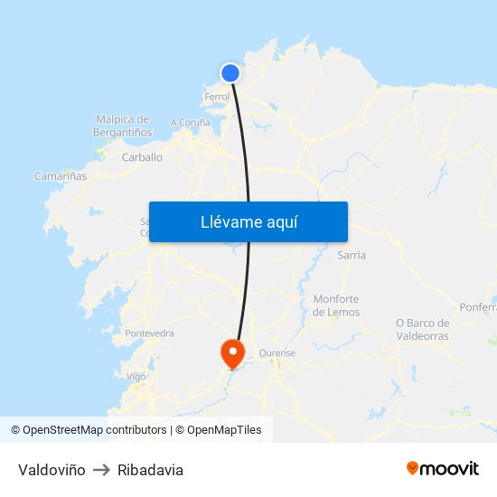 Valdoviño to Ribadavia map