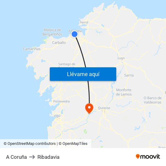 A Coruña to Ribadavia map