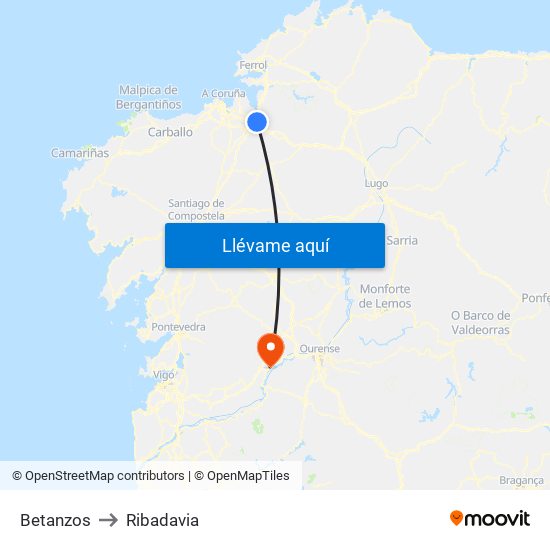 Betanzos to Ribadavia map