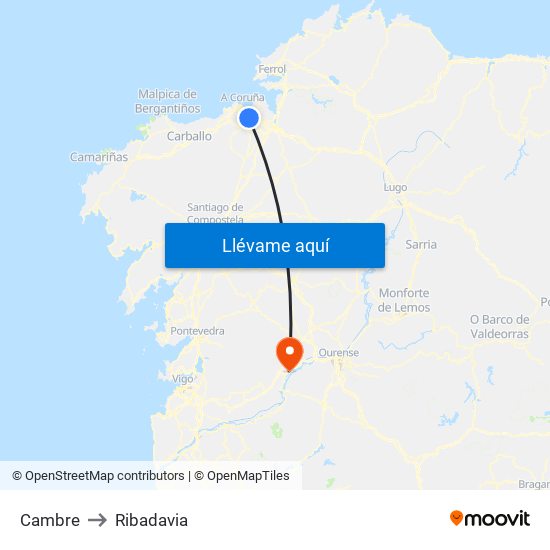 Cambre to Ribadavia map