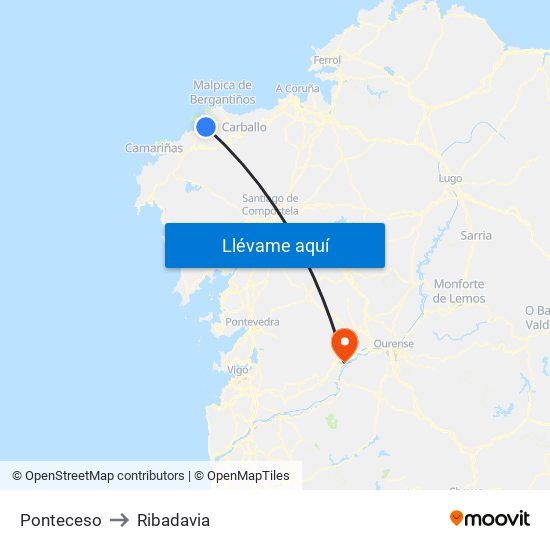 Ponteceso to Ribadavia map