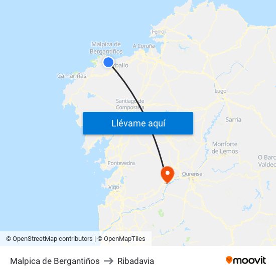 Malpica de Bergantiños to Ribadavia map