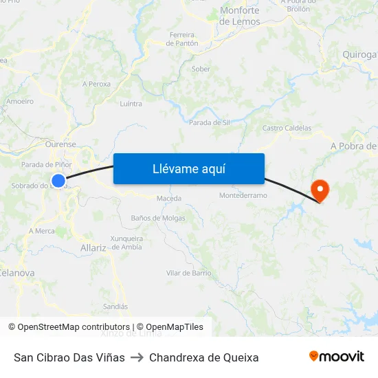 San Cibrao Das Viñas to Chandrexa de Queixa map