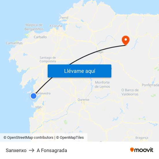 Sanxenxo to A Fonsagrada map
