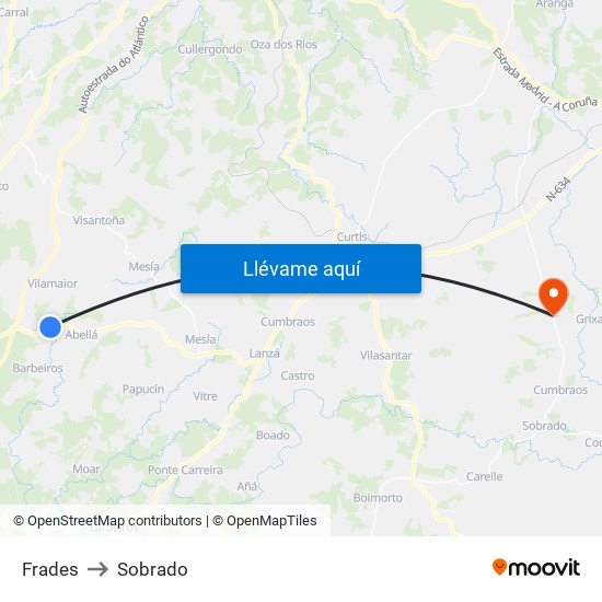 Frades to Sobrado map