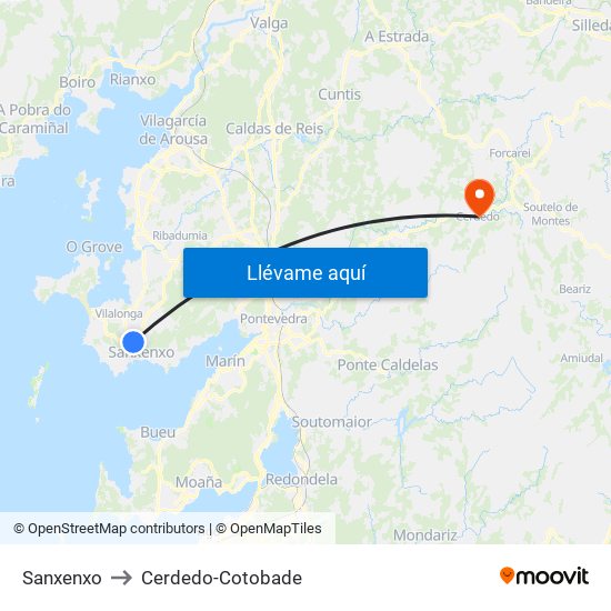 Sanxenxo to Cerdedo-Cotobade map