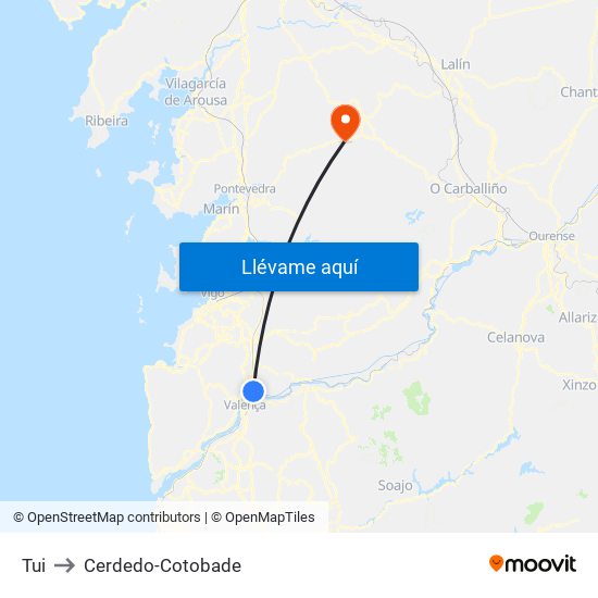 Tui to Cerdedo-Cotobade map